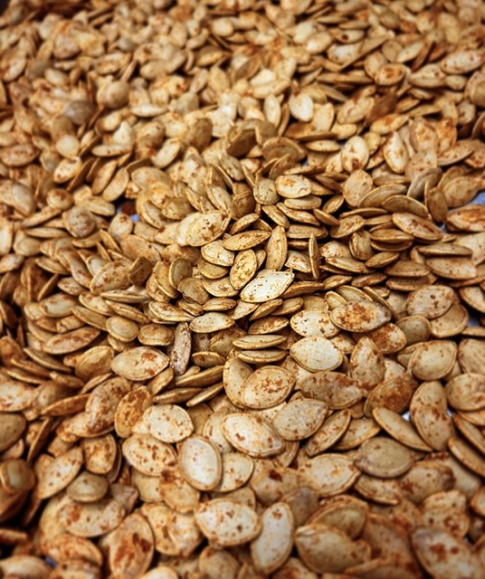 Close-up of roasted pumpkin seeds.