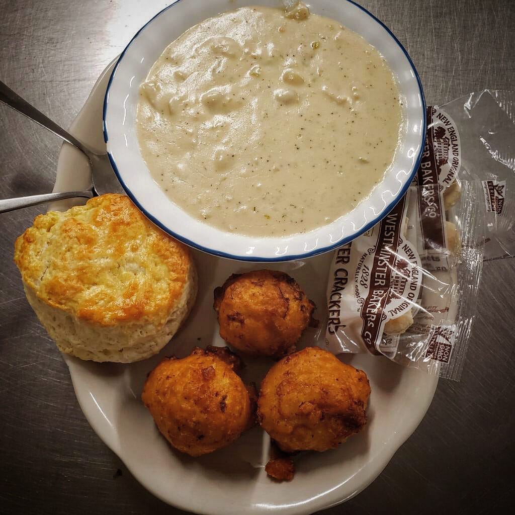 Southern-style biscuits and gravy with hushpuppies.